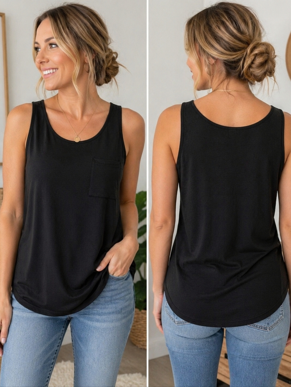 Faded Glory Black Sleeveless Blouse Tank Top Chest Pocket Size S